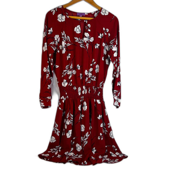 Plumberry Floral Print Smocked Waist Mini Dress Keyhole Neck Dressy Size Medium - Picture 9 of 9